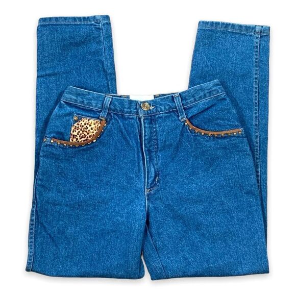 Vintage Caché High-Waisted Jeans Leather Accents Studded Leopard Print Pockets - Picture 1 of 12
